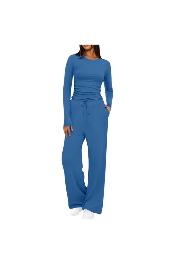 Womens Tracksuit Fashion Fall Winter Round Neck Suits Solid Ruched Long Sleeve Blouse Long Pants Elastic Waist Set Today Blue,S