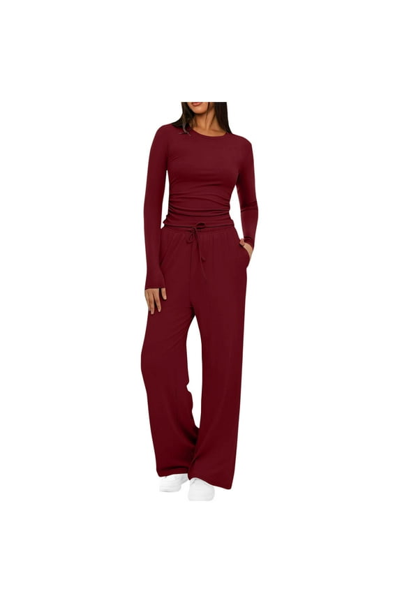 Womens Tracksuit Fashion Fall Winter Round Neck Suits Solid Ruched Long Sleeve Blouse Long Pants Elastic Waist Set Today Wine,S
