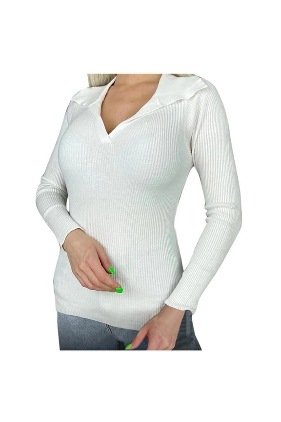 Womens V Neck Sweater Long Sleeve Shirts Fall Fashion Clothes 2024 Knit Trendy Slim Fitted Tops Today White,S