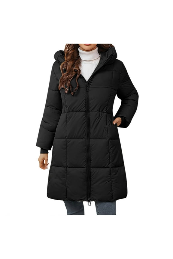 Womens Winter Long Puffer Coats Down Thicken Warm Quilted Jacket Mid-Length with Side Zipper and Hood Outerwear Today Black,L