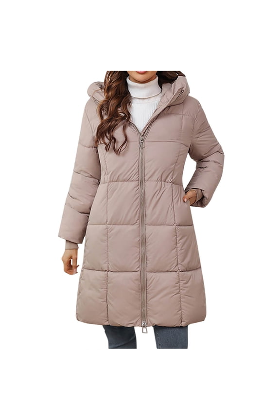 Womens Winter Long Puffer Coats Down Thicken Warm Quilted Jacket Mid-Length with Side Zipper and Hood Outerwear Today Khaki,XL