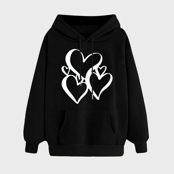 SEAOPEN December Savings Juniors Hooded Sweatshirts Cute Love Heart Drawstring Hoodies with Pocket - Teen Girls Casual Long Sleeve Hoodie Sweatshirt Black,S