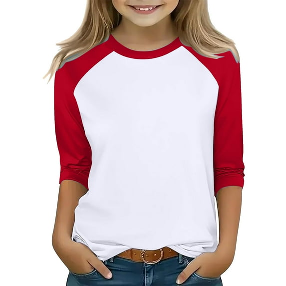 SEAOPEN Girls Casual 3/4 Sleeve T Shirts Kids Crewneck Tops Fashion Tees Red,150
