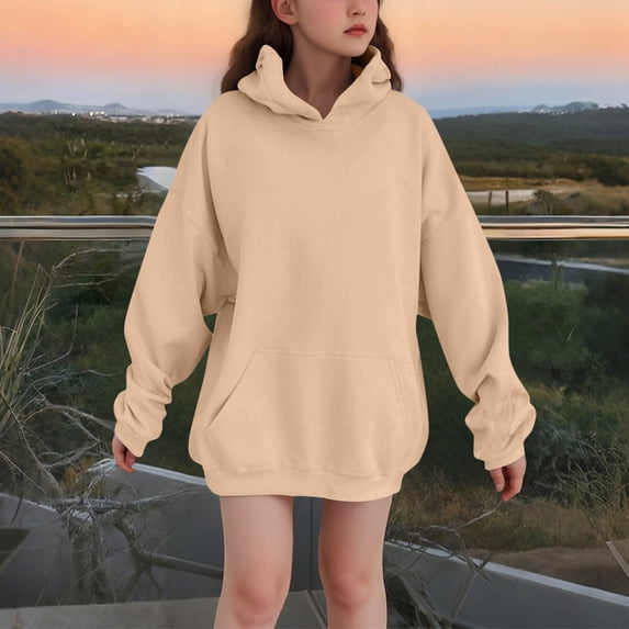 SEAOPEN Girls Casual Long Sleeve Hoodies Cute Oversized Fleece Pocket Sweatshirt Tops Khaki,3-4Years