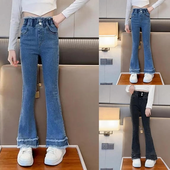 SEAOPEN Girls Jeans Denim Elastic High Waisted Wide Leg Baggy Cargo Pants with Pockets Blue 7 Years