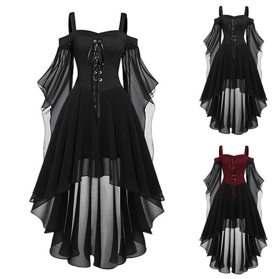 SEAOPEN Gothic Dresses for Women Sexy Butterfly Sleeve Witch Dress Vintage Medieval Halloween Costume Lace Up Corset Dress Black,L