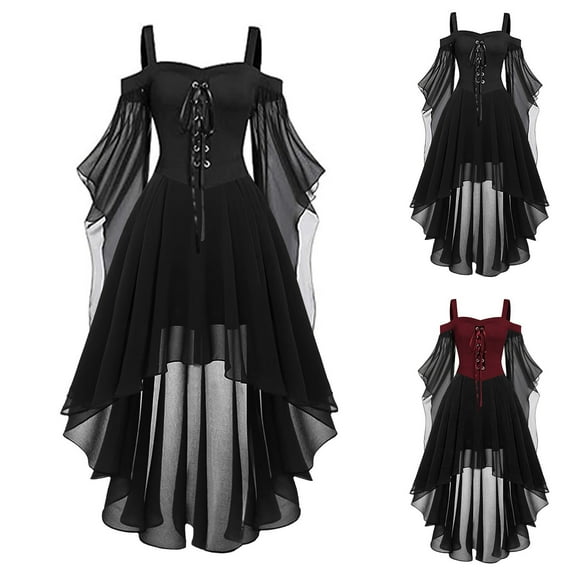 SEAOPEN Gothic Dresses for Women Sexy Butterfly Sleeve Witch Dress Vintage Medieval Halloween Costume Lace Up Corset Dress Black,XXXL