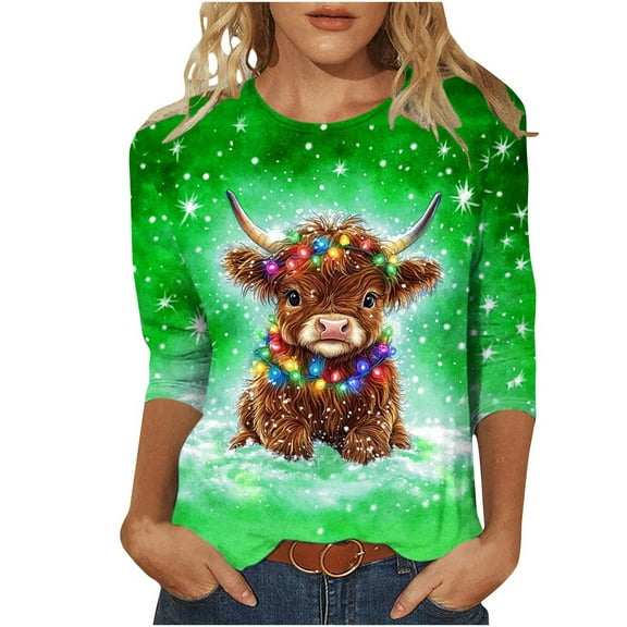 SEAOPEN Green Cute Cow Graphic Tees 3/4 Sleeve Shirts Crewneck Womens Tops Tshirts for Women X-Large (Women's S-3XL)