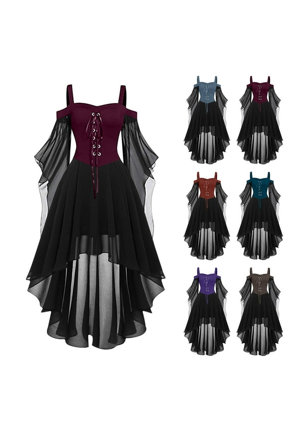 Halloween Costume Women Lace Up Cold Shoulder Medieval Renaissance Corset Dress Witch Fairy Bell Sleeve Gothic Dress Purple,XL