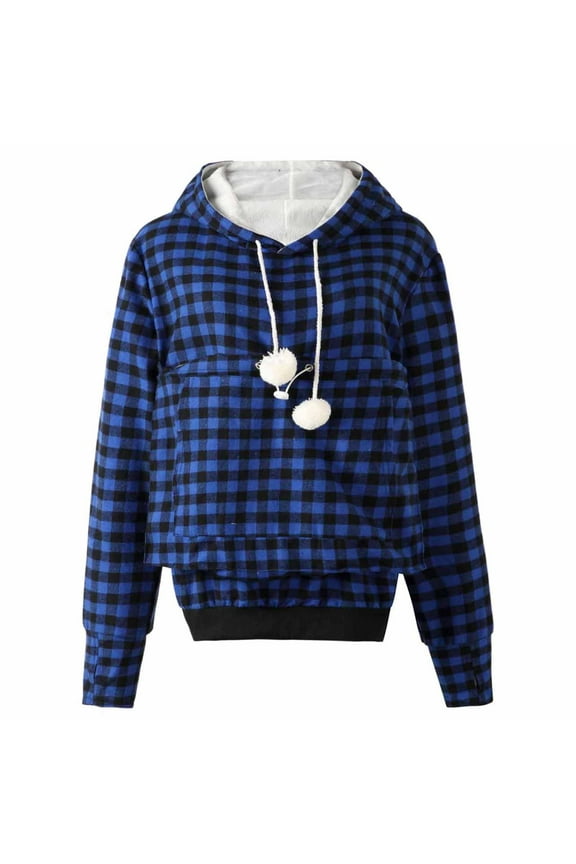 Holiday Gift Finder Unisex Big Pouch Hoodie Plaid Long Sleeve Pet Dog Holder Carrier Sweatshirt Hooded Pocket Kangaroo Hoodies Blue,S