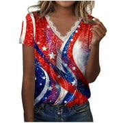 SEAOPEN July 4th V Neck Shirts for Women Lace Trim Short Sleeve Tshirt American Flag Graphic Tees Sumemr Distressed Shirts Independence Day Tees Dressy Casual Blouses flash deals XL