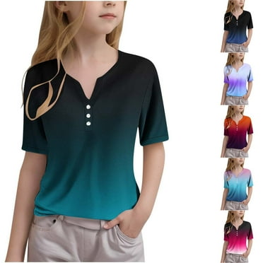 SEAOPEN Kids Tops Girls Short Sleeve Henley V Neck Shirts Summer Tshirts Girls Solid Color Loose Athletic Tees Dark Blue,12-14