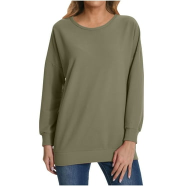 SEAOPEN Ladies Sweatshirts Clearance Sale Oversized Sweatshirt for Women Light Weight Crewneck Pullovers Fall Winter Basic Solid Color Long Sleeve Tops Army Green,S