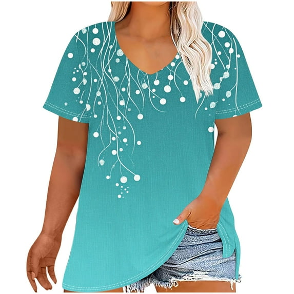SEAOPEN Light Blue Ladies Summer Tops Plus Size T Shirts Cute Floral Graphic Tees Short Sleeve Tshirts for Women V Neck Tunic Blouses 5X-Large (Women's Plus XL-5XL )