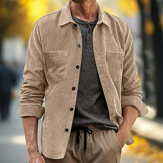 SEAOPEN Men Long Sleeve Work Shirts Shackets Corduroy Shirts Jacket Button Down with Pocket Khaki XL