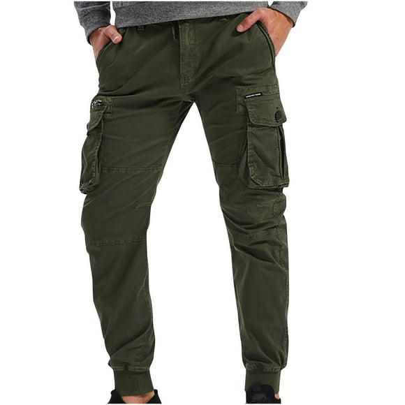 SEAOPEN Men's Casual Cargo Pants Elastic Waist Drawstring Tapered Pants for Men Joggers Skinny Work Pants Hiking Pants with Multi Pockets Christmas Clearance Army Green,32