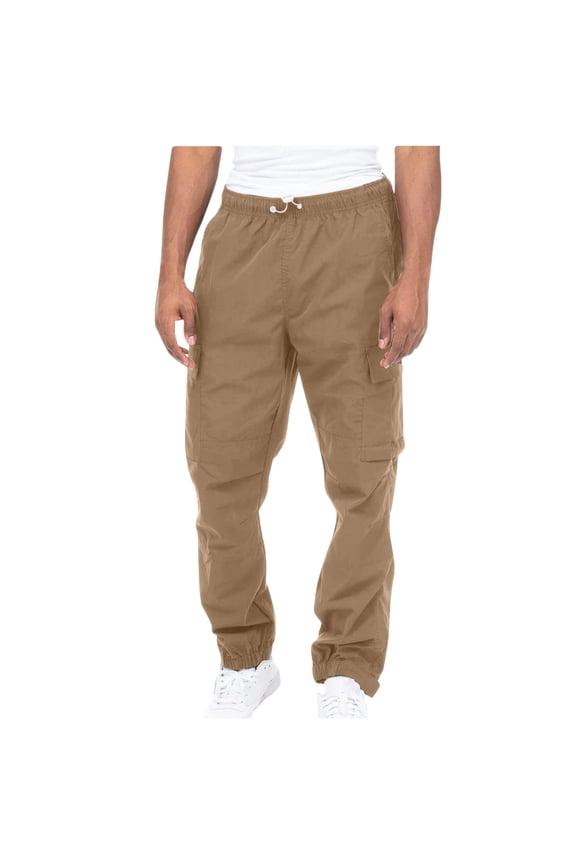 Men's Elastic Waist Cargo Pants Big and Tall Drawstring Hiking Pants Regular Fit Cotton Long Pants Straight Leg Solid Tactical Pants Back to School Khaki,M