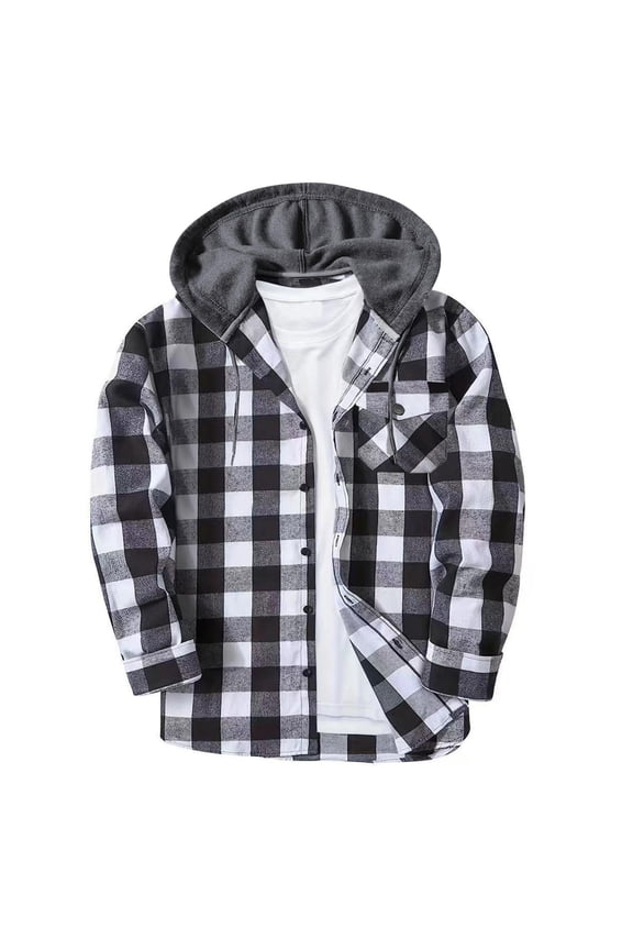 Men's Flannel Shirt Long Sleeve Plaid Hoodie Shirt Casual Button Down Shirt Hooded Fall Jacket with Pocket Gray S