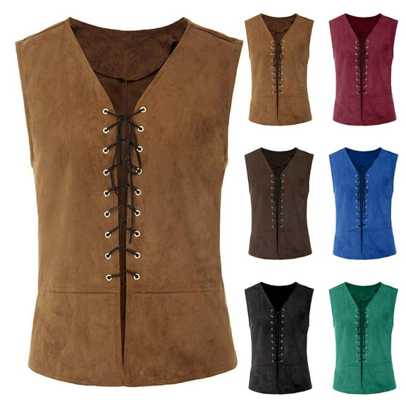 SEAOPEN Men's Medieval Renaissance Pirate Vest Ren Fairy Gothic Steampunk Waistcoat Steampunk Halloween Cosplay Costume Red,L