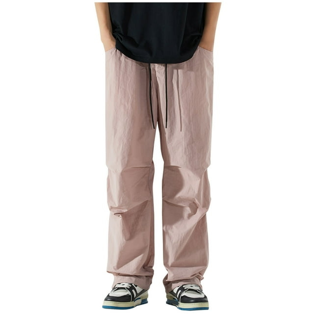 SEAOPEN Men's Parachute Pants Big and Tall Cargo Pants Breathable Ice Silk Stretch Work Pants Lightweight Basic Soild Color Gym Workout Pants Holiday Deals Pink,M