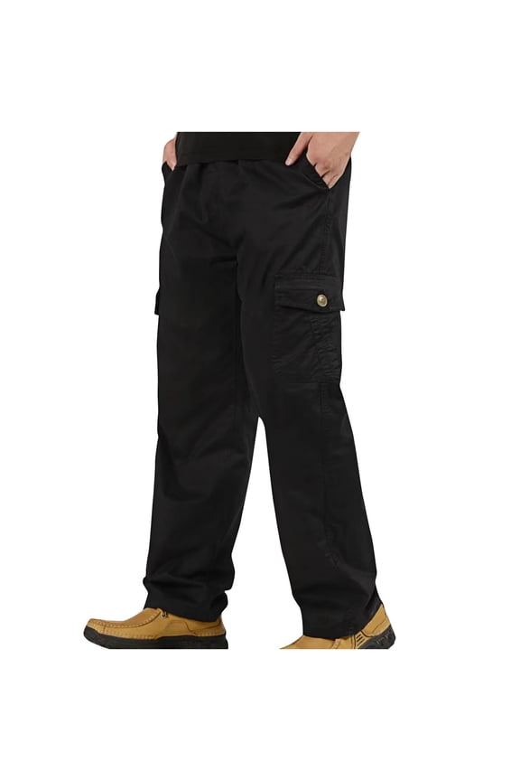 Men's Regular Tapered Pants Big & Tall Tactical Cargo Pants Basic Solid Color Long Pants Breathable Cotton Work Pants Comfort Workout Bottoms Black,XXL
