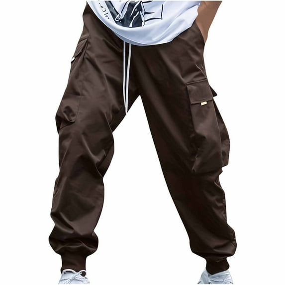 SEAOPEN Mens Baggy Cargo Pants Ripstop Parachute Pants Loose Fit Drawstring Joggers Long Pants Fall Casual Solid Color Workout Pants Back to College Brown,XXL