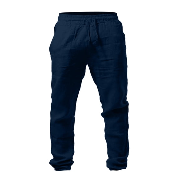 SEAOPEN Mens Casual Linen Pant Elastic Waist Drawstring Long Pants Basic Solid Color Yoga Jogger Pants with Pocket Back to College Navy,S
