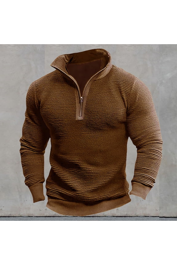 Mens Corduroy Crew Neck Sweatshirt Quarter Zipper Pullover Spring Autumn Casual Knit Long Sleeve Shirt Brown S