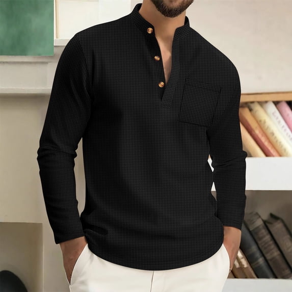 SEAOPEN Mens Long Sleeve Henley Shirts Casual Waffle Thermal Fashion Pullover 3-Button T-Shirt with Pocket Black XXXL