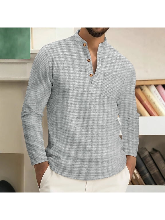 Mens Long Sleeve Henley Shirts Casual Waffle Thermal Fashion Pullover 3-Button T-Shirt with Pocket Gray L