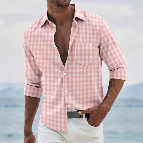 SEAOPEN Mens Long Sleeve Shirts Plaid Button Down Shirt Casual Work Top with Pocket Pink L