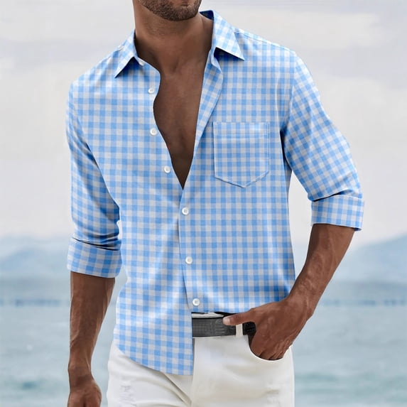 SEAOPEN Mens Long Sleeve Shirts Plaid Button Down Shirt Casual Work Top with Pocket Sky Blue XXXL