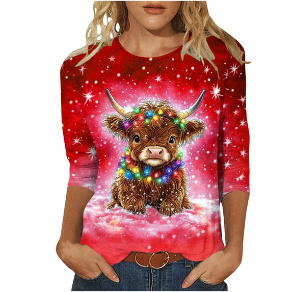SEAOPEN Red Cute Cow Graphic Tees 3/4 Sleeve Shirts Crewneck Womens Tops Tshirts for Women Large (Women's S-3XL)