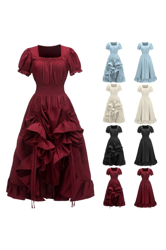 Renaissance Dress Women Medieval Costume Shirred Hem Peasant Victorian Dresses Gothic Fairy Witch Wedding Under Dress Beige,XXL