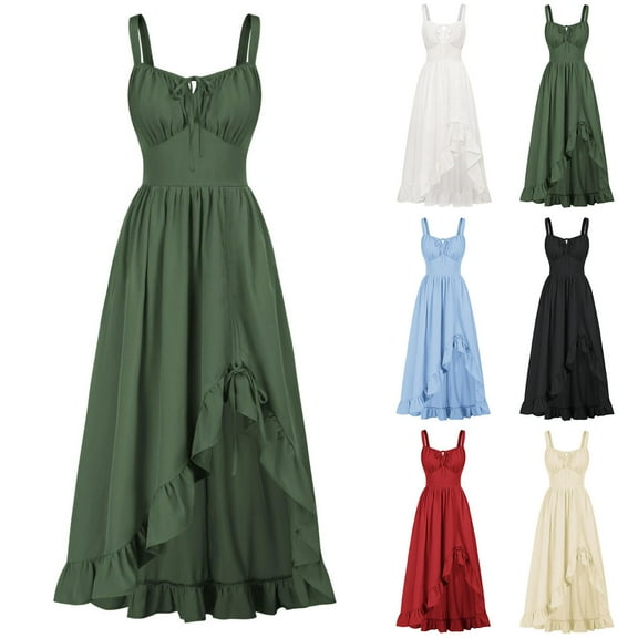 SEAOPEN Renaissance Dress Women Medieval Sleeveless Cottagecore Shirred Sundress Victorian Pirate Costume Fairy Peasant Dress Red,XXL