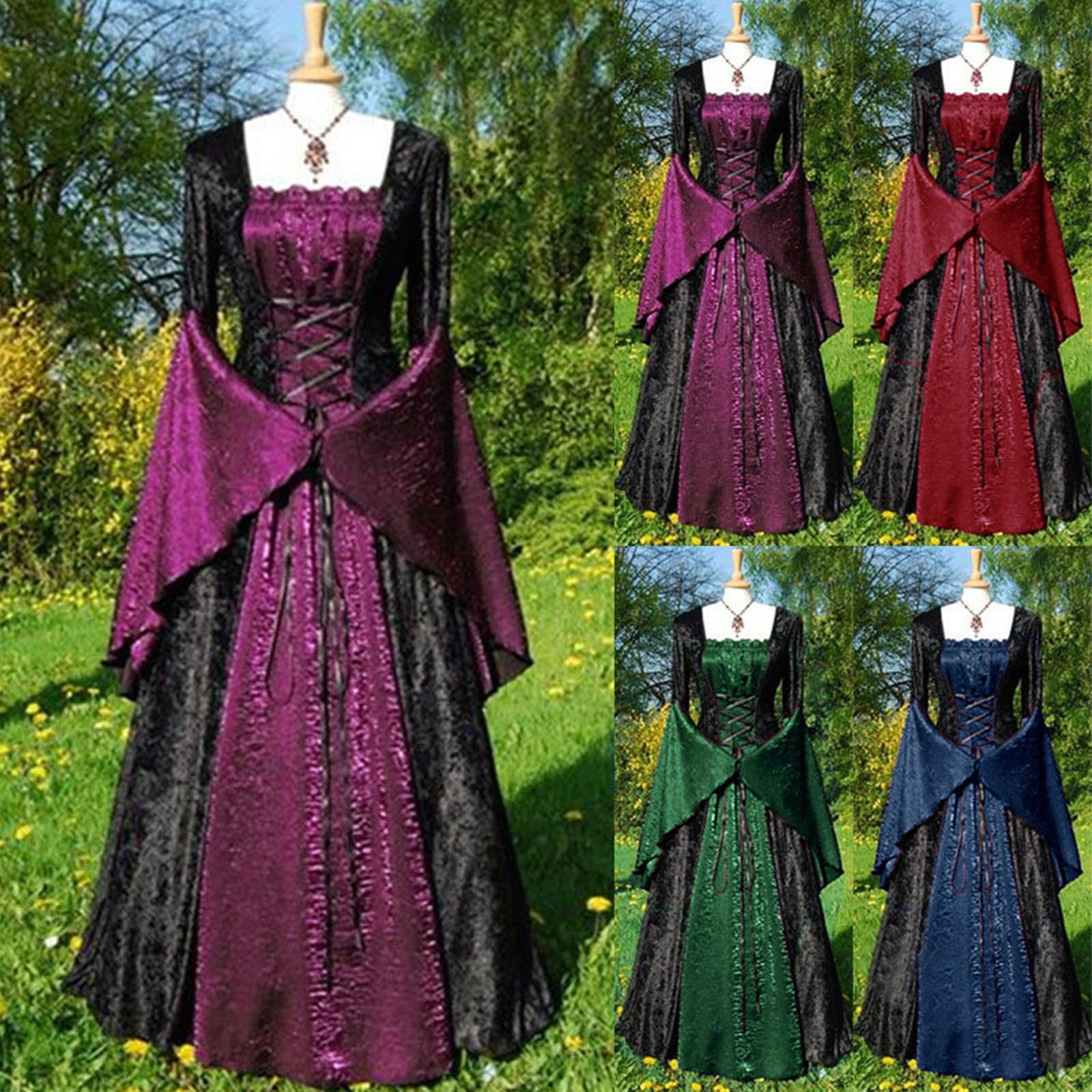SEAOPEN Renaissance Dresses for Women Lace Up Trumpet Sleeve Gothic ...