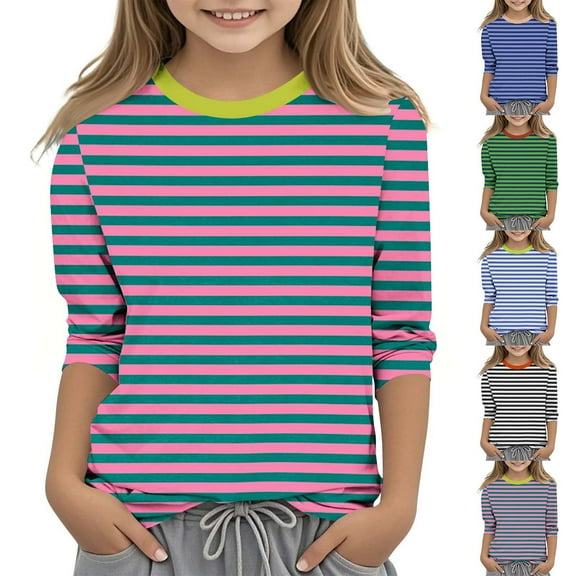 SEAOPEN Summer Girls 3/4 Sleeve Shirts Stripes Graphic Tees Crewneck Three Quarter Sleeve Tunic Blouses Summer Tops Color Block T-Shirts Navy,10-12