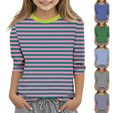 SEAOPEN Summer Deals 2025 Girls 3/4 Sleeve Shirts Stripes Graphic Tees Crewneck Three Quarter Sleeve Tunic Blouses Summer Tops Color Block T-Shirts Pink,10-12
