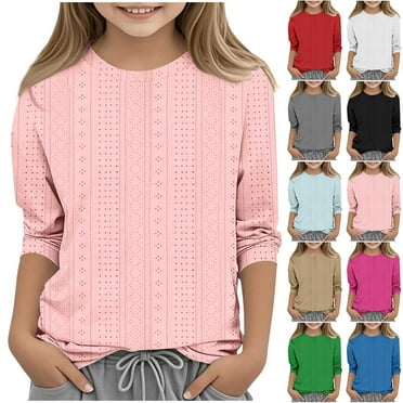 SEAOPEN Summer Deals 2025 Girls Summer Tops Eyelet 3/4 Sleeve Shirts Children Cute Three Quarter Sleeve Blouse Solid Color Casual Cutout Tshirts Blue,6-7