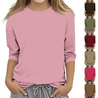 SEAOPEN Summer Deals 2025 Girls T Shirts 3/4 Length Sleeve Blouse Round Neck Casual Tshirts Solid Color Tees Summer Tops Pink,6-7