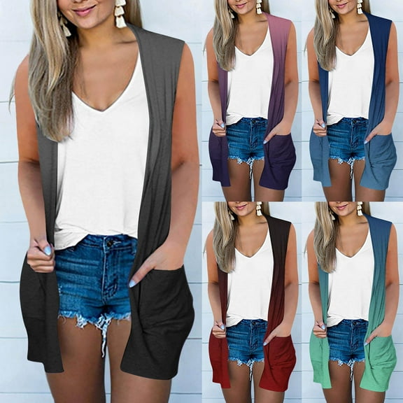 SEAOPEN Summer Vest for Women Lightweight Fashion Casual Soft Knit Sleeveless Cardigan Curved Hem with Cozy Pockets Black,S