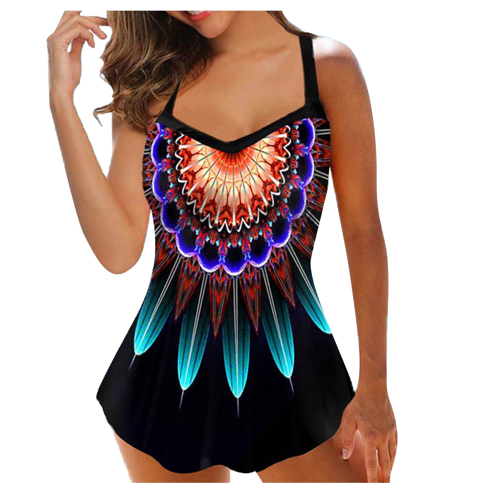 SEAOPEN Swimsuit for Women 2024 Plus Size Tankinis Two Piece Bathing Suits Retro Ethnic Blouson