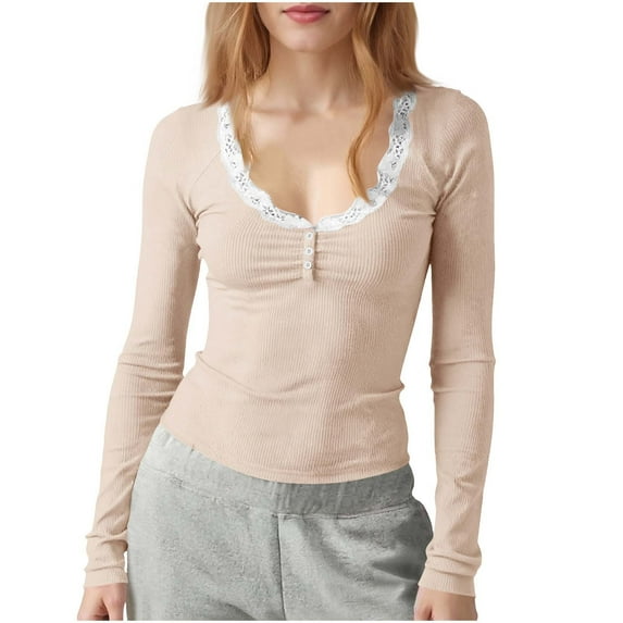 SEAOPEN V Neck Lace Long Sleeve Shirts for Women Basic Fitted Double Lined Going Out Y2K Trendy Fall Tops Beige XL