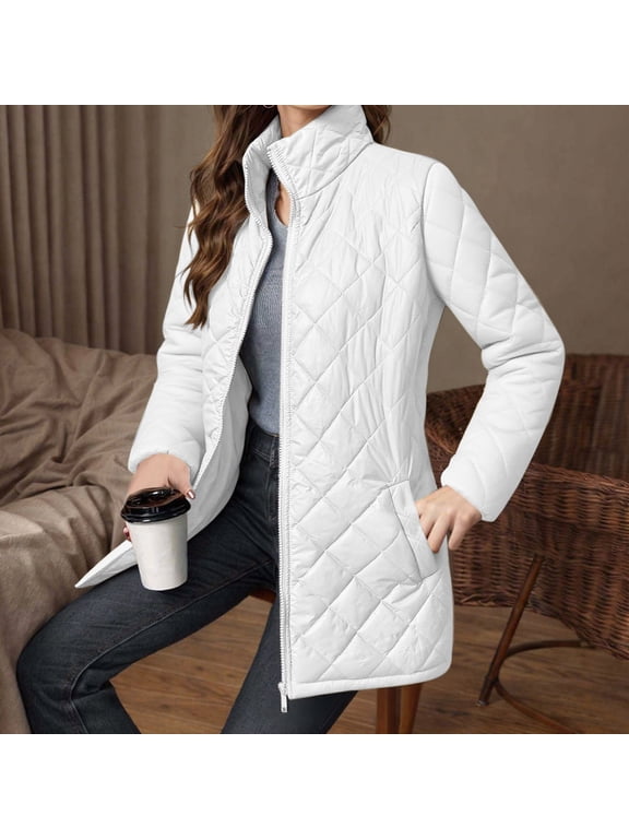 Women Button Down Puffer Jacket Coats Quilted Lightweight Jackets Padded Outwear with Pockets White S