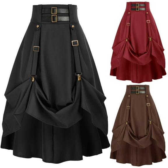 SEAOPEN Women Goth Steampunk Skirt High Waist Pirate Midi Medieval Skirt Victorian Renaissance Skirts Halloween Costume Red,XXXL