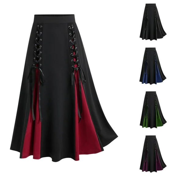 SEAOPEN Women Halloween Gothic Skirt Lace Up Renaissance Midi Skirts Novelty A Line High Waisted Skirt Medieval Costume Blue,L