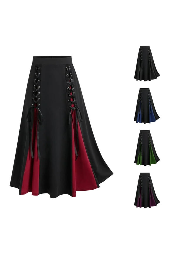 Women Halloween Gothic Skirt Lace Up Renaissance Midi Skirts Novelty A Line High Waisted Skirt Medieval Costume Green,XXL