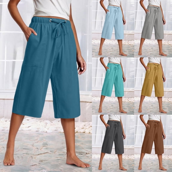 SEAOPEN Women Linen Shorts Casual Knee Length Bermuda Shorts Summer Beach Lightweight Capri Pants Gray,3XL