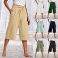 thumbnail image 1 of SEAOPEN Women Linen Shorts Casual Knee Length Bermuda Shorts Summer Beach Lightweight Capri Pants Khaki,L, 1 of 7