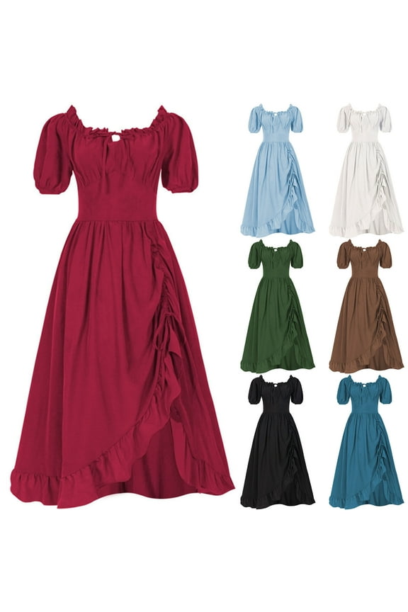 Women Renaissance Dress Pirate Peasant Wench Irish Costume Medieval Boho Chemise Shirred Fairy Gown Maxi Long Dress Black,XXL